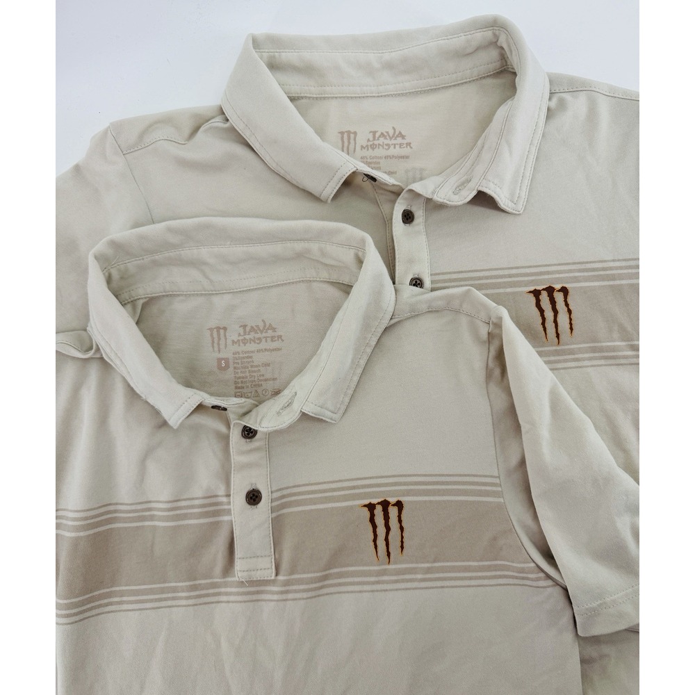 Java Monster Energy Drink Polo Shirt Mens Small Tan Short Sleeve Logo Promo
